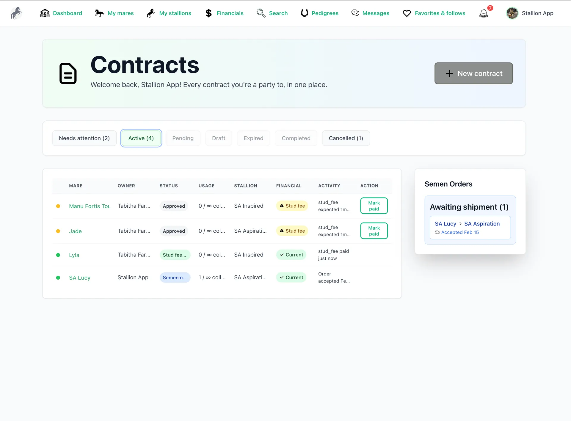 Breeding contract management screen