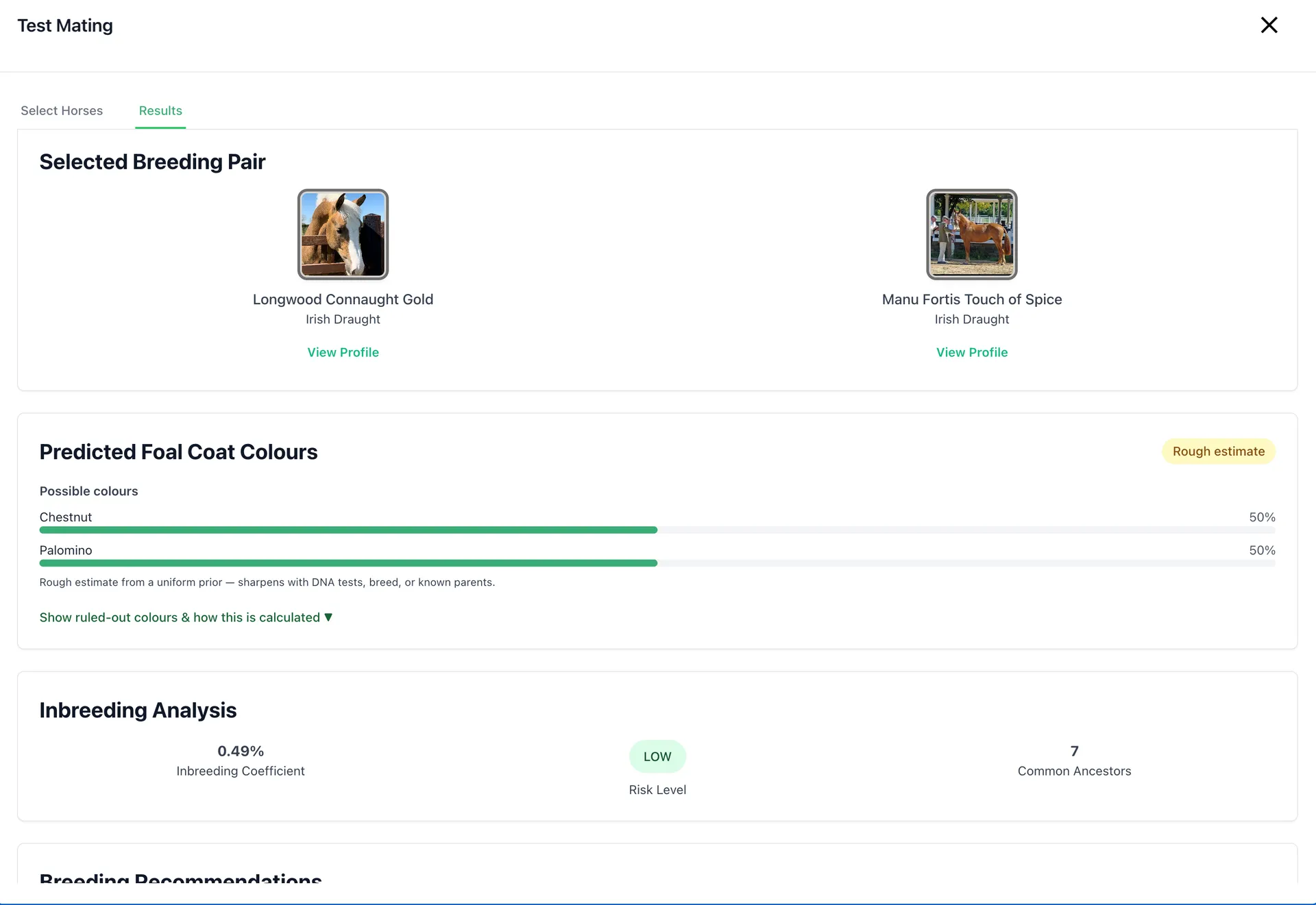 Test mating results screen